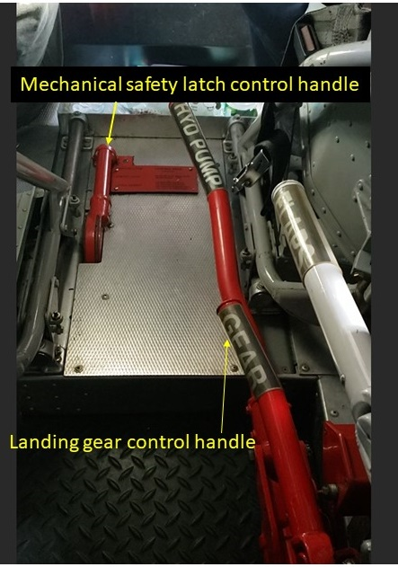 Main landing gear control handle and mechanical safety latch control handle (Source: TSB)
