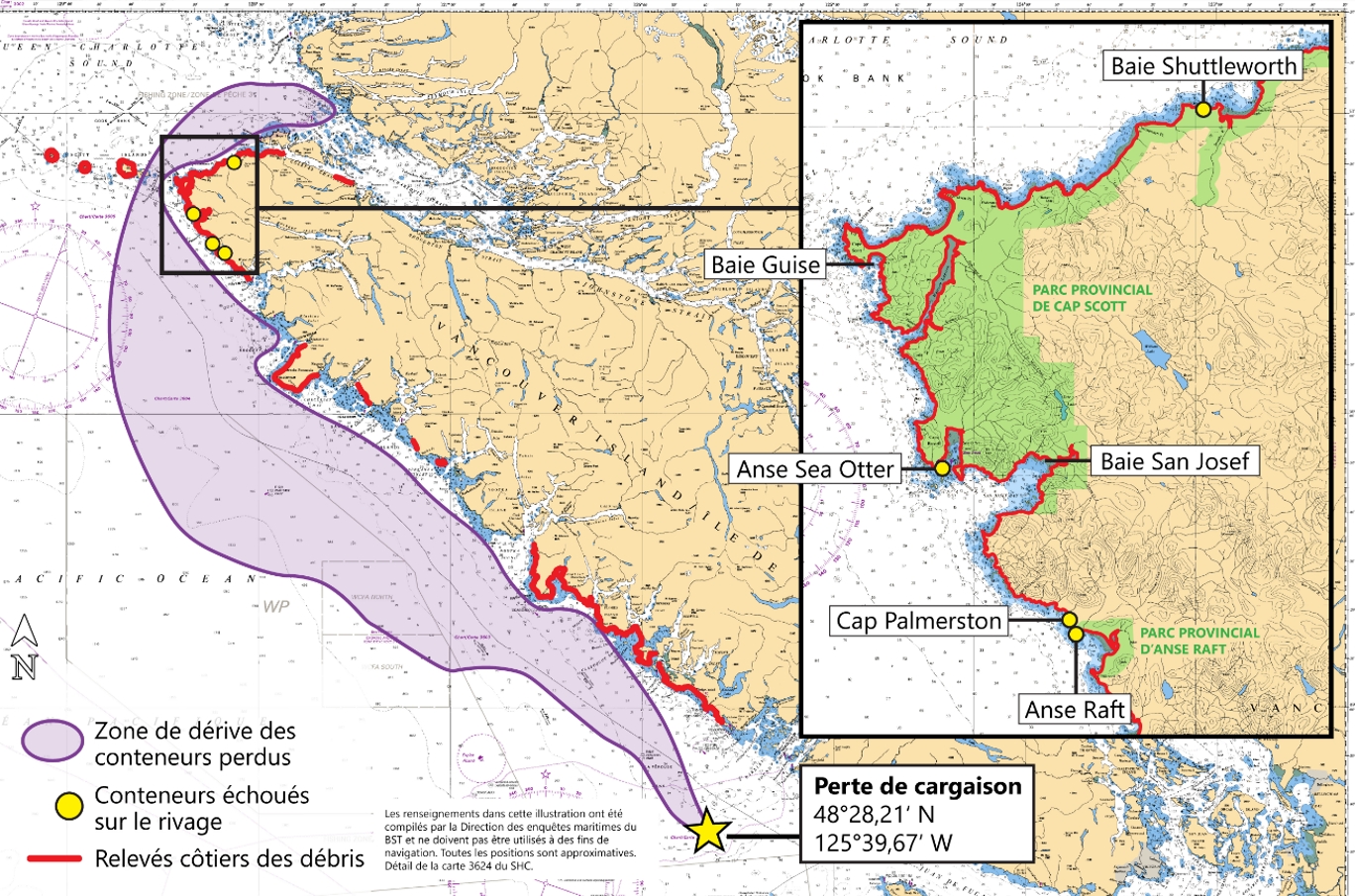 Figure 4. Cartes montrant la zone dans laquelle les conteneurs perdus pourraient avoir dérivé, l’emplacement des 4 conteneurs qui se sont échoués à terre et le rivage qui a été étudié dans le cadre des relevés de débris (Source de l’image principale et de l’image en médaillon : Service hydrographique du Canada, avec annotations du BST) Figure 4. Cartes montrant la zone dans laquelle les conteneurs perdus pourraient avoir dérivé, l’emplacement des 4 conteneurs qui se sont échoués à terre et le rivage qui a été étudié dans le cadre des relevés de débris (Source de l’image principale et de l’image en médaillon : Service hydrographique du Canada, avec annotations du BST)