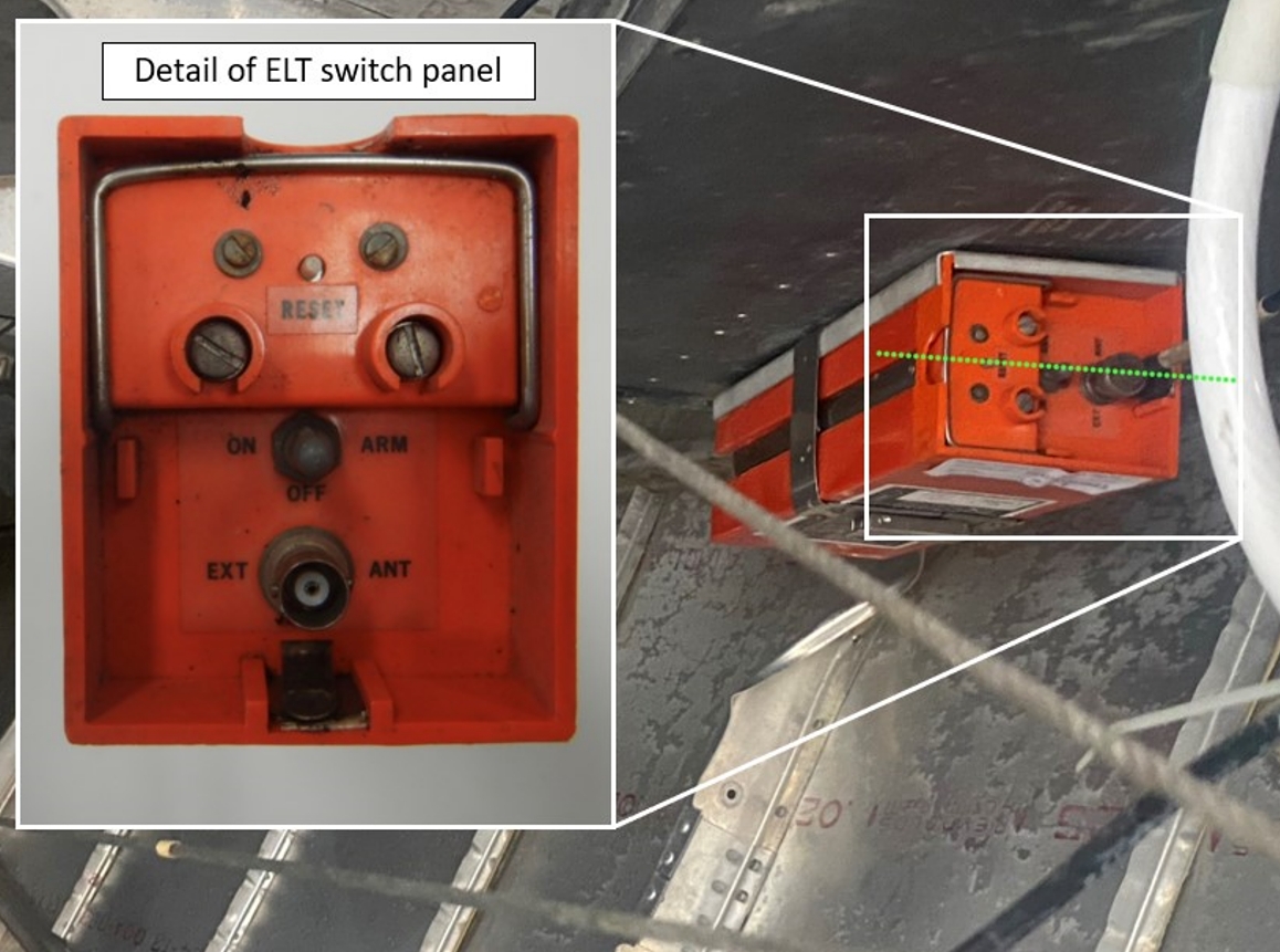 Figure 6. Occurrence aircraft’s emergency locator transmitter as found by search and rescue personnel, with dotted line showing the switch aligned with the antenna attachment and reset button, and with detail of the transmitter switch in inset (Source of main image: Third party, with permission. Source of the inset image: TSB) Figure 6. Occurrence aircraft’s emergency locator transmitter as found by search and rescue personnel, with dotted line showing the switch aligned with the antenna attachment and reset button, and with detail of the transmitter switch in inset (Source of main image: Third party, with permission. Source of the inset image: TSB)