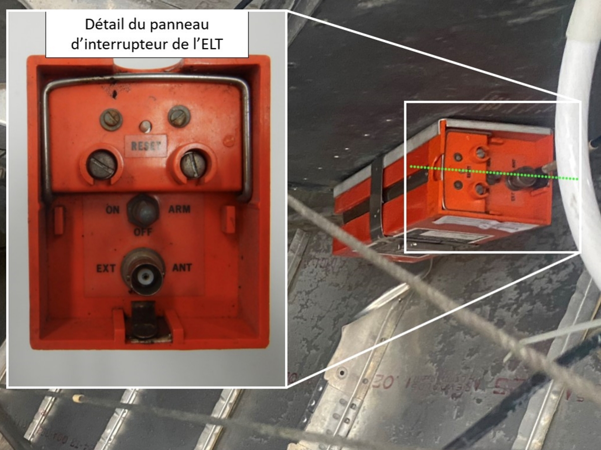 Figure 6. La radiobalise de repérage d’urgence de l’aéronef à l’étude telle qu’elle a été trouvée par le personnel de recherche et sauvetage, avec une ligne pointillée montrant l’interrupteur aligné avec la fixation de l’antenne et le bouton de réinitialisation, et avec le détail de l’interrupteur de la radiobalise en médaillon (Source de l’image principale : tierce partie, avec permission. Source de l’image en médaillon : BST) Figure 6. La radiobalise de repérage d’urgence de l’aéronef à l’étude telle qu’elle a été trouvée par le personnel de recherche et sauvetage, avec une ligne pointillée montrant l’interrupteur aligné avec la fixation de l’antenne et le bouton de réinitialisation, et avec le détail de l’interrupteur de la radiobalise en médaillon (Source de l’image principale : tierce partie, avec permission. Source de l’image en médaillon : BST)