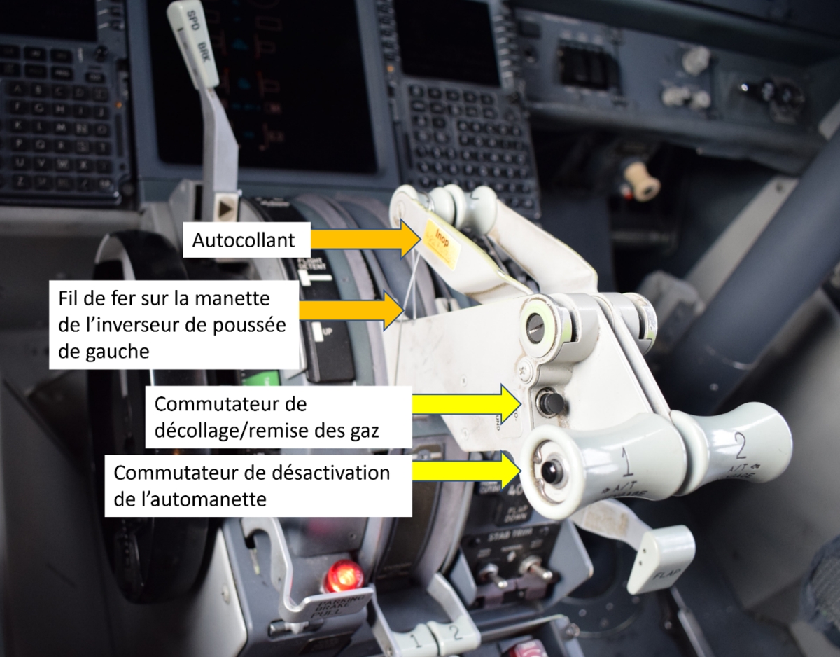 Figure 1. La disposition du pylône de commande de l’aéronef de l’événement à l’étude, montrant la manette d’inversion de poussée gauche bloquée en position « fermé », l’autocollant de mise en garde, le commutateur de décollage/remise des gaz et le commutateur de désactivation de l’automanette (Source : BST) Figure 1. La disposition du pylône de commande de l’aéronef de l’événement à l’étude, montrant la manette d’inversion de poussée gauche bloquée en position « fermé », l’autocollant de mise en garde, le commutateur de décollage/remise des gaz et le commutateur de désactivation de l’automanette (Source : BST)