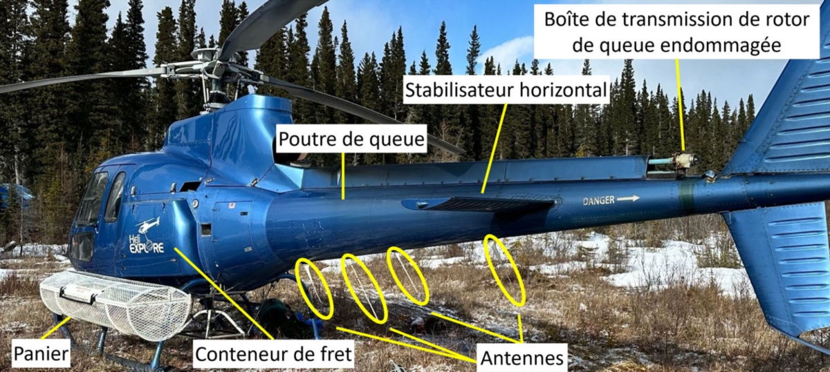 Figure 2. Hélicoptère à l’étude (Source : Heli Explore Inc., avec annotations du BST) Figure 2. Hélicoptère à l’étude (Source : Heli Explore Inc., avec annotations du BST)