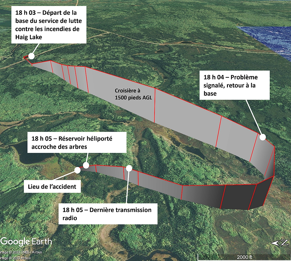 Figure 1. Trajectoire de vol de l’aéronef à l’étude menant au lieu de l’accident (Source : Google Earth, avec annotations du BST) Figure 1. Trajectoire de vol de l’aéronef à l’étude menant au lieu de l’accident (Source : Google Earth, avec annotations du BST)
