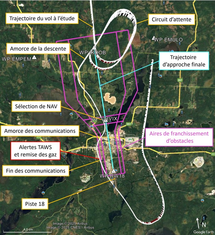 Figure 1. Carte du lieu de l’événement, montrant la trajectoire du vol à l’étude, la piste 18, la trajectoire d’approche finale, les aires de franchissement d’obstacles, le circuit d’attente, l’amorce de la descente, le point où le mode NAV était sélectionné, le point où les alertes TAWS étaient générées et la remise de gaz effectuée, et le point où les communications se sont terminées (Source : Google Earth, avec annotations du BST, notamment selon l’information sur les aires de franchissement d’obstacles fournie par NAV CANADA) Figure 1. Carte du lieu de l’événement, montrant la trajectoire du vol à l’étude, la piste 18, la trajectoire d’approche finale, les aires de franchissement d’obstacles, le circuit d’attente, l’amorce de la descente, le point où le mode NAV était sélectionné, le point où les alertes TAWS étaient générées et la remise de gaz effectuée, et le point où les communications se sont terminées (Source : Google Earth, avec annotations du BST, notamment selon l’information sur les aires de franchissement d’obstacles