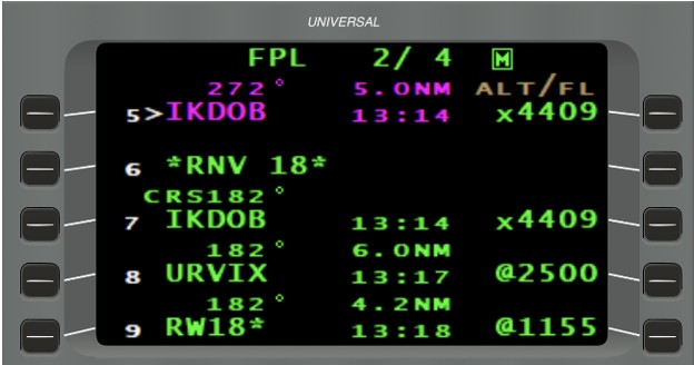 Figure 6. Page FPL 2/ 4 du plan de vol (Source : Universal Avionics, FMS Trainer v4.1.0.600) Figure 6. Page FPL 2/ 4 du plan de vol (Source : Universal Avionics, FMS Trainer v4.1.0.600)