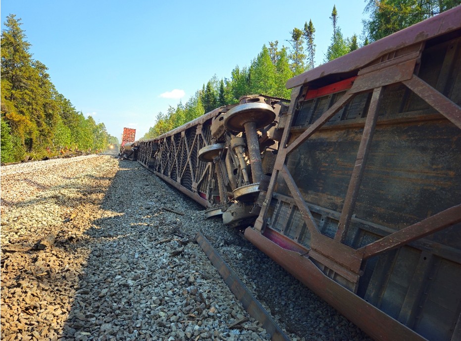 Vue des wagons intermodaux ayant déraillé, et renversés sur le côté à la suite du déraillement survenu le 16 septembre 2025 en voie principale à Sultan (Ontario) (Source : BST)