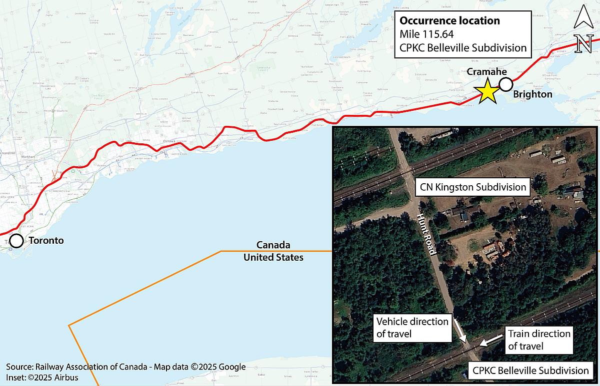 Figure&nbsp;1. Main image showing the occurrence location in relation to Toronto, and inset image showing an aerial view of the grade crossing where the occurrence took place 