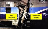 Figure 4. Damage to car EXO 3062 and the rear portion of locomotive EXO 1346 (Source: TSB)